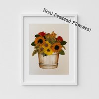 Rustic Pressed Flowers in Watercolor Bucket - Wall Art