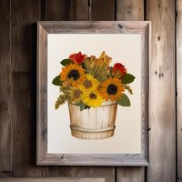 Rustic Pressed Flowers in Watercolor Bucket - Wall Art