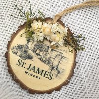 Custom House Portrait Ornament, Dried Flower Wood Slice with Company Logo