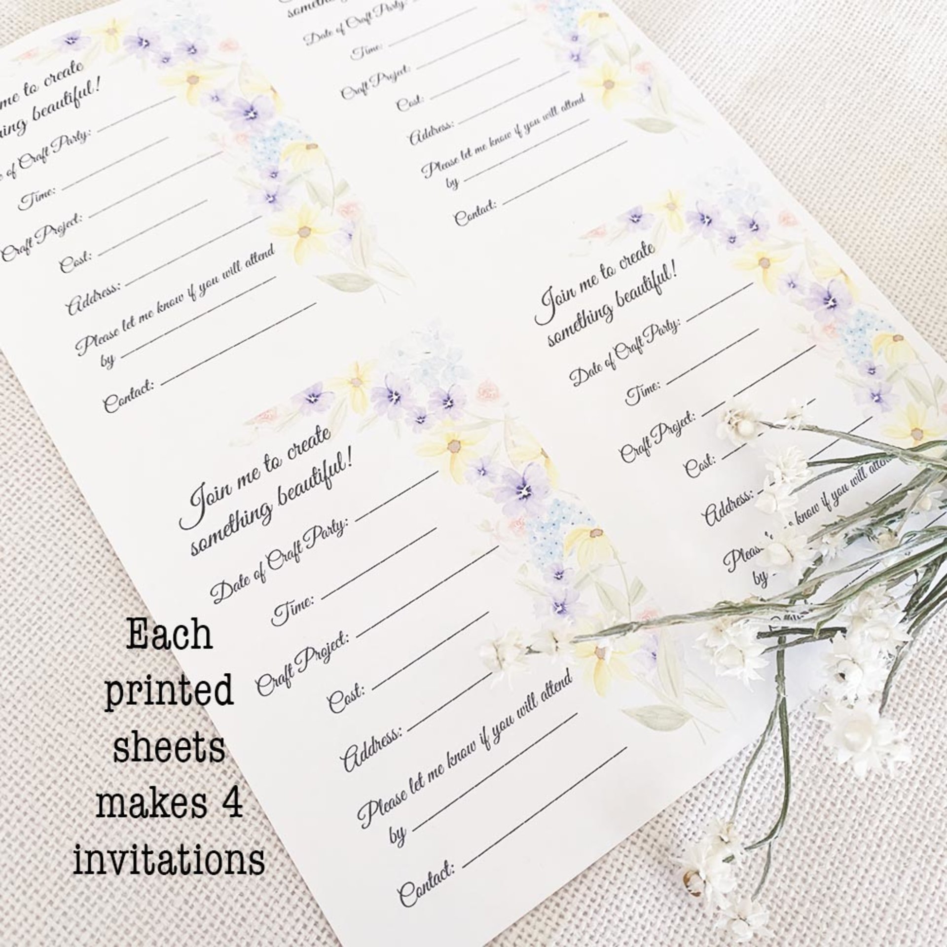 Watercolor Wildflower Craft Night Invitation - Digital Download