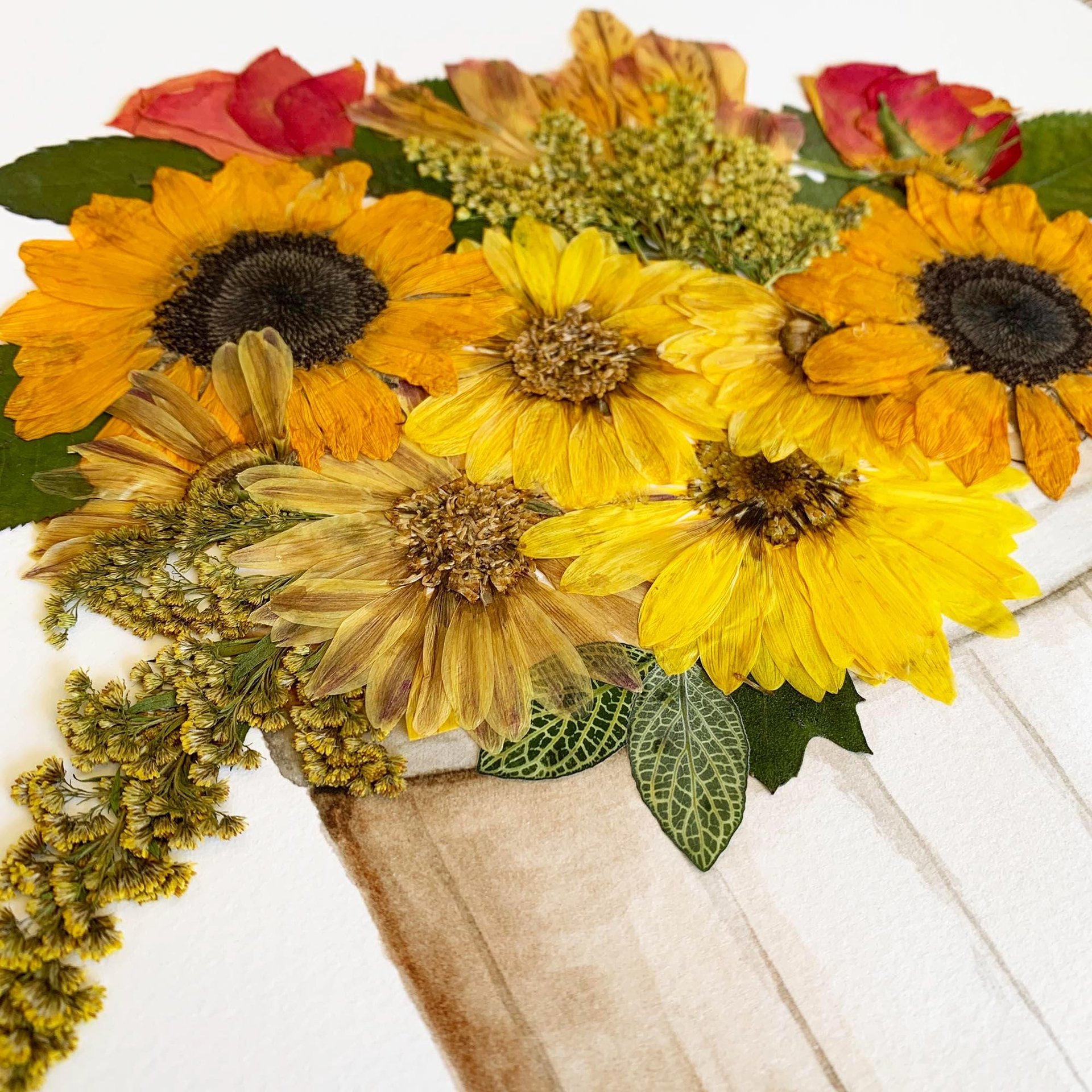 Rustic Pressed Flowers in Watercolor Bucket - Wall Art