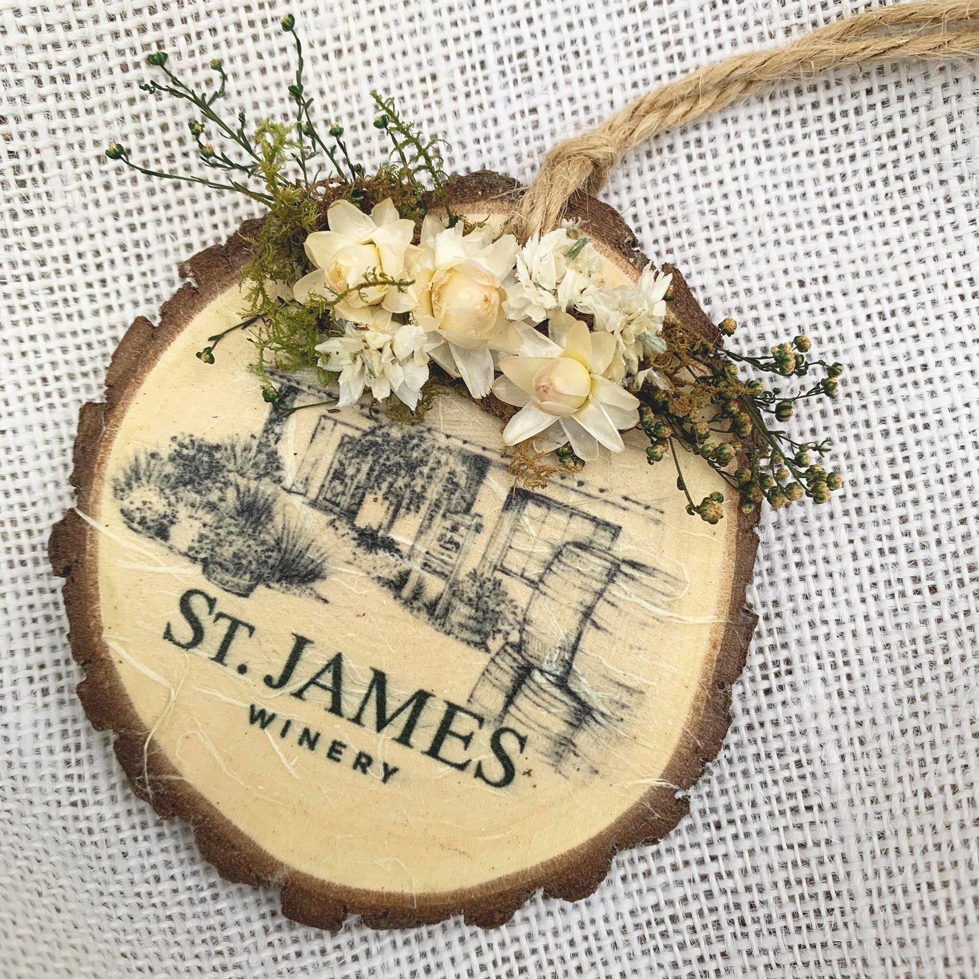 Custom House Portrait Ornament, Dried Flower Wood Slice with Company Logo