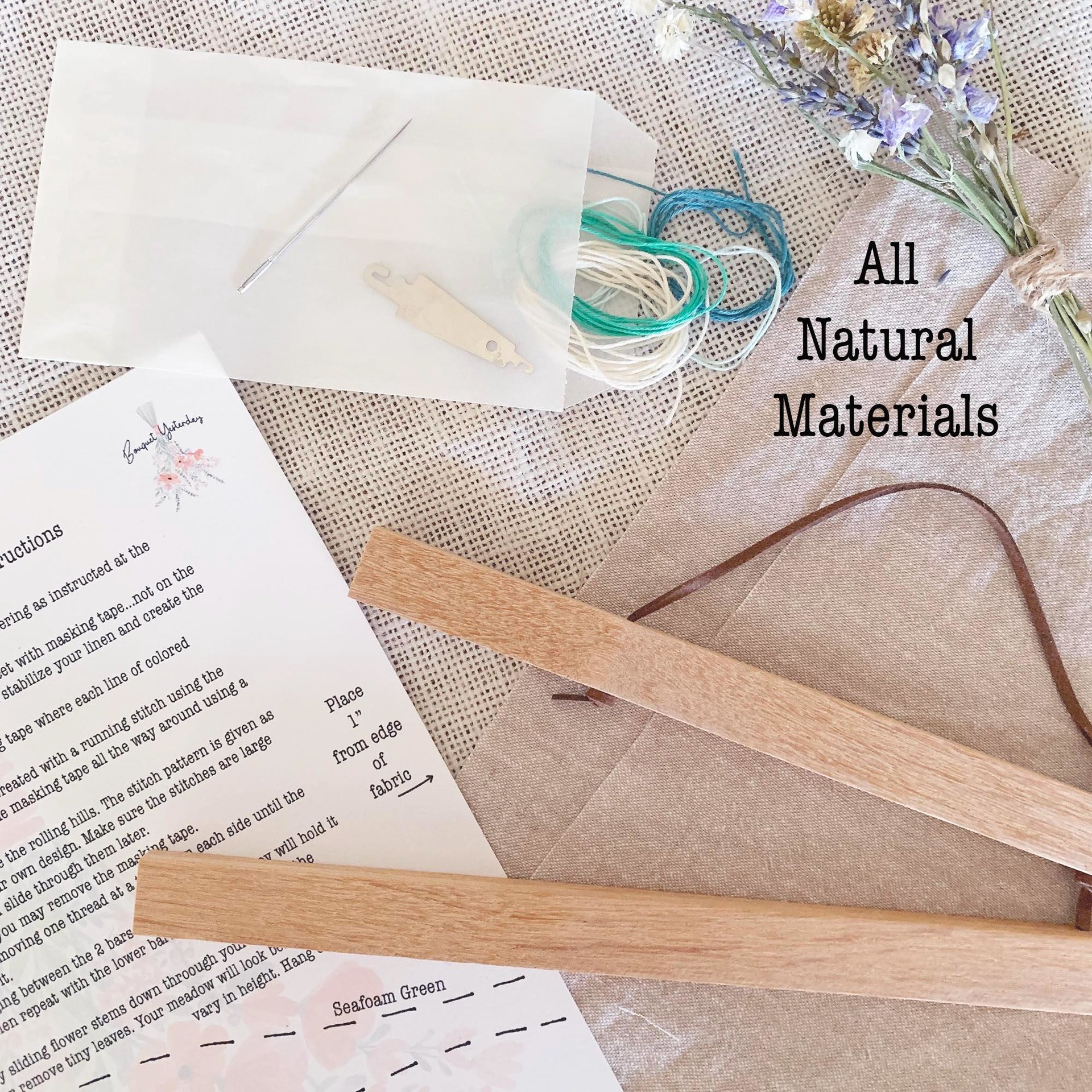 Slow Stitch Embroidery Kit with Dried Flowers, Linen and Sashiko Thread, Botanical Wall Hanging Craft Kit for Adults