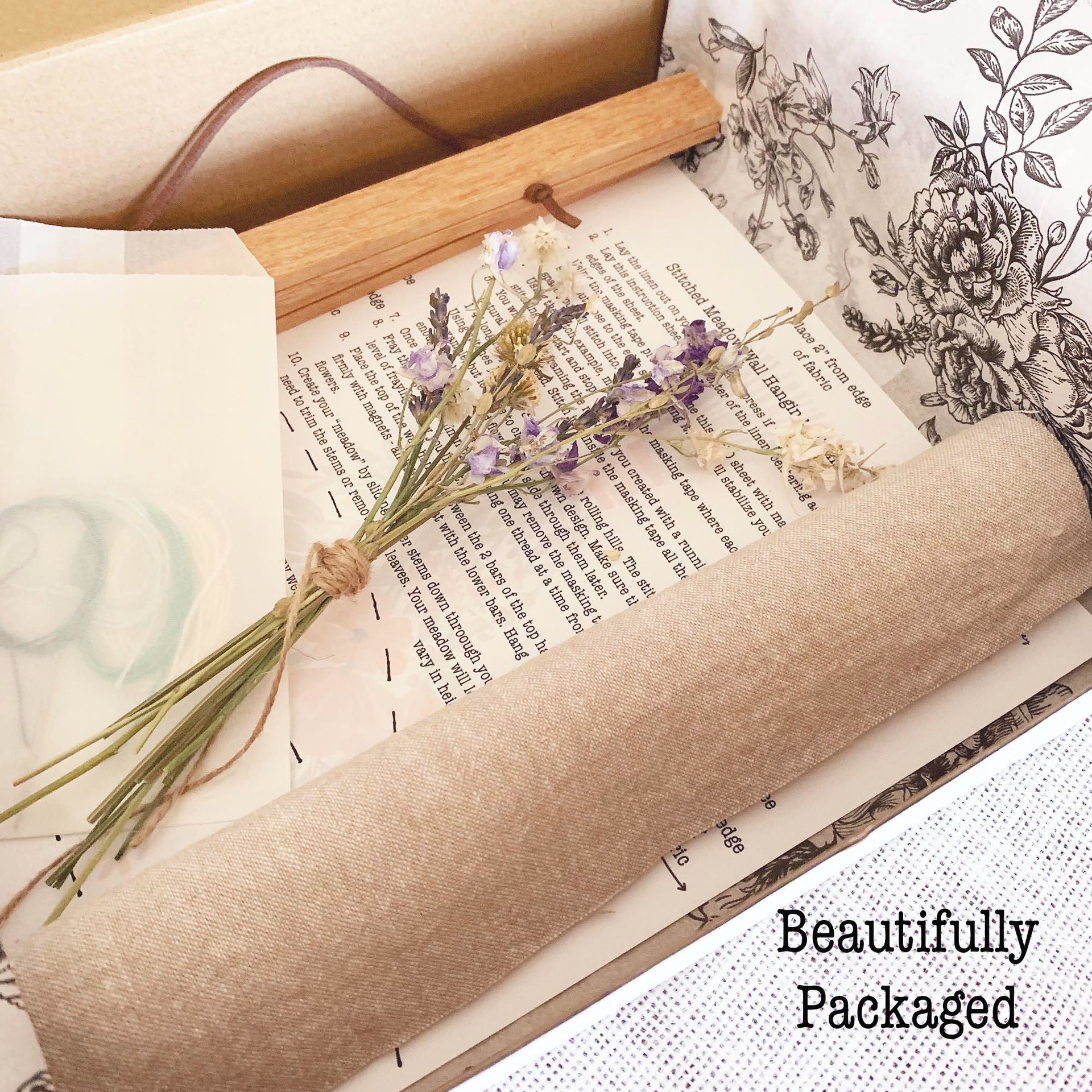 Slow Stitch Embroidery Kit with Dried Flowers, Linen and Sashiko Thread, Botanical Wall Hanging Craft Kit for Adults