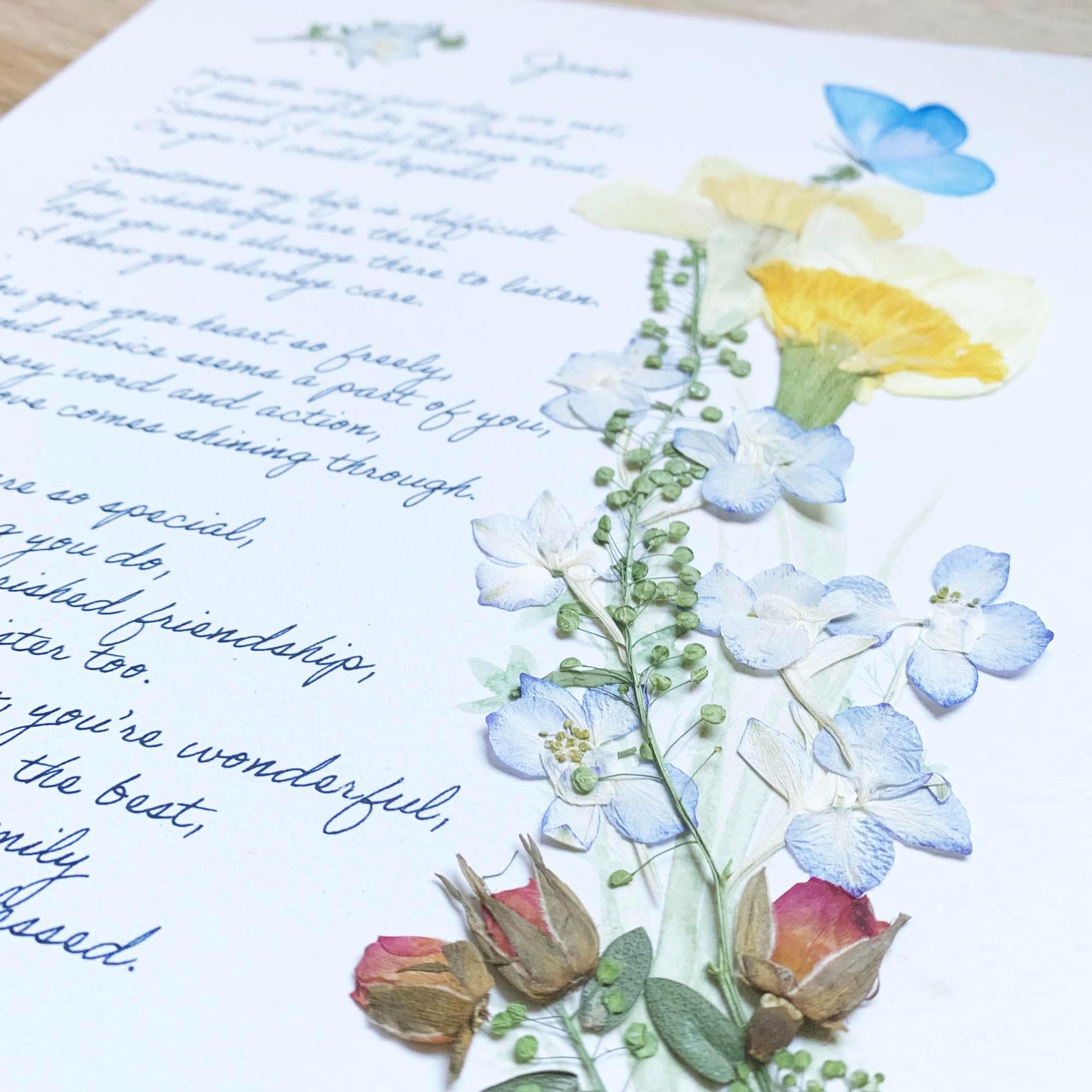Custom Poem Print with Pressed Flowers | Personalized Sustainable Gift | Botanical Wall Art | Wedding Vows or Love Note Print