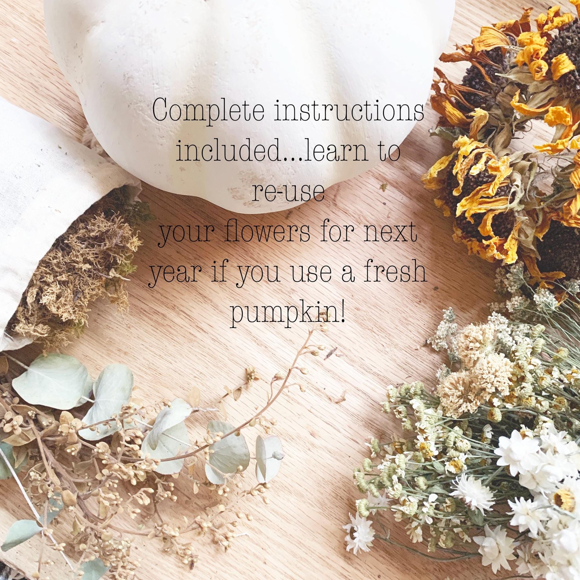 Golden Meadow Botanical Pumpkin Kit | DIY Dried Flower Natural Fall Craft | White Pumpkin Decor | Farm-Grown Florals