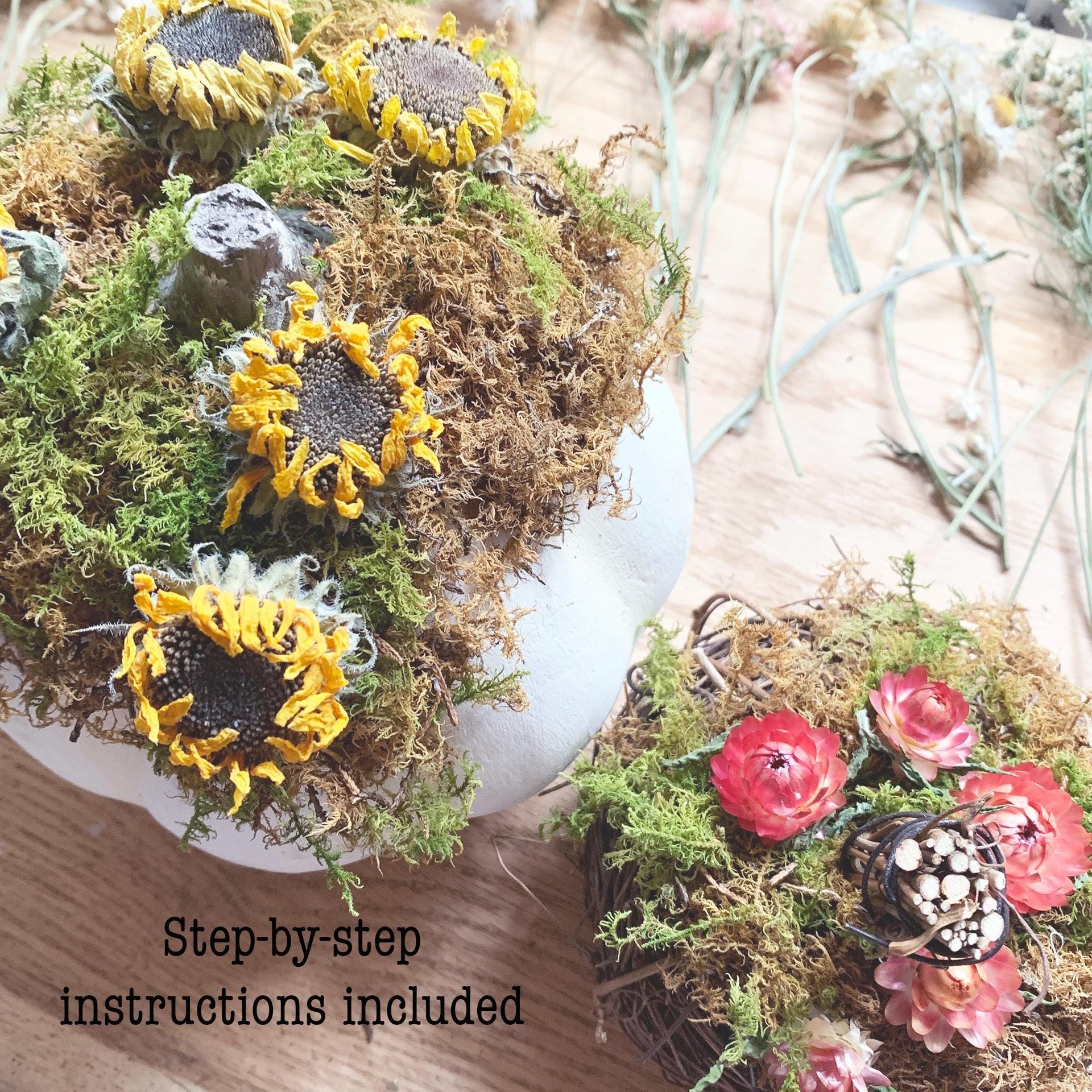 DIY Botanical Pumpkin Kit | Dried Flower Pumpkin Kit | Decorate 2 Medium or 4+ Mini Pumpkins | Natural Fall Craft | Farm-Grown Dried Flowers